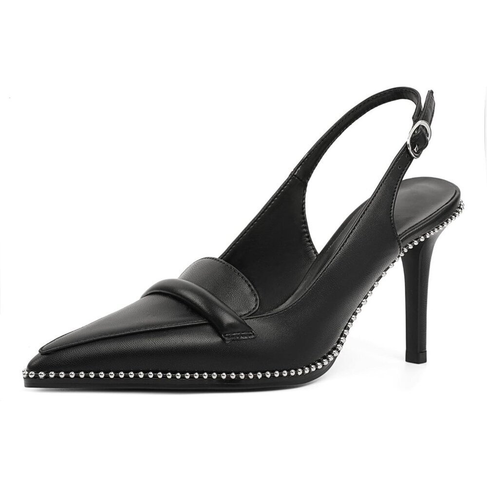 Women Black Pu Stiletto Beaded Pointed Toe Shoes Slip On Loafers Slingback Heels